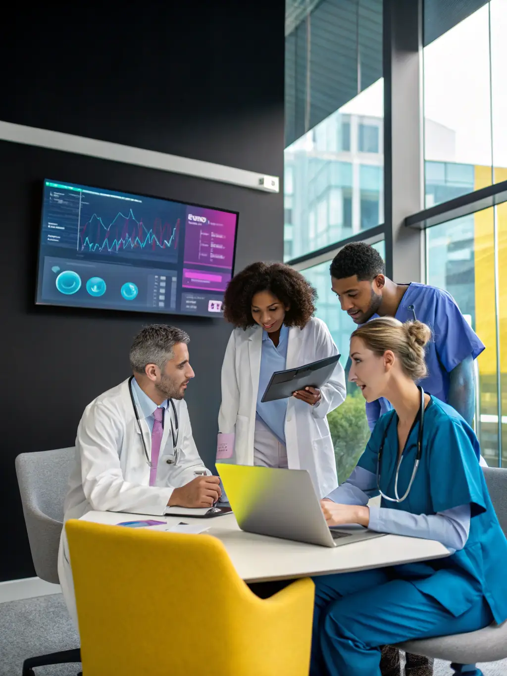 A diverse group of healthcare professionals collaborating around a digital display of patient data, representing the healthcare industry's use of AI for diagnostics and personalized medicine, used in the Industries Served section of Nadakki AI Service website.