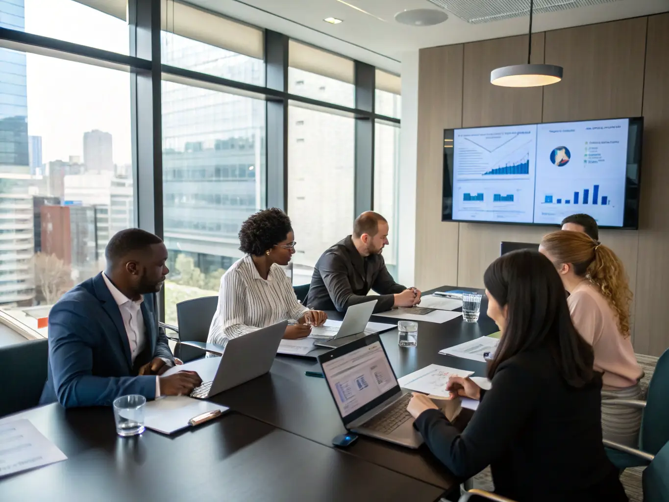 An executive team collaborating with AI consultants over digital dashboards and strategy documents, representing Nadakki AI Service's AI Strategy & Consulting service.