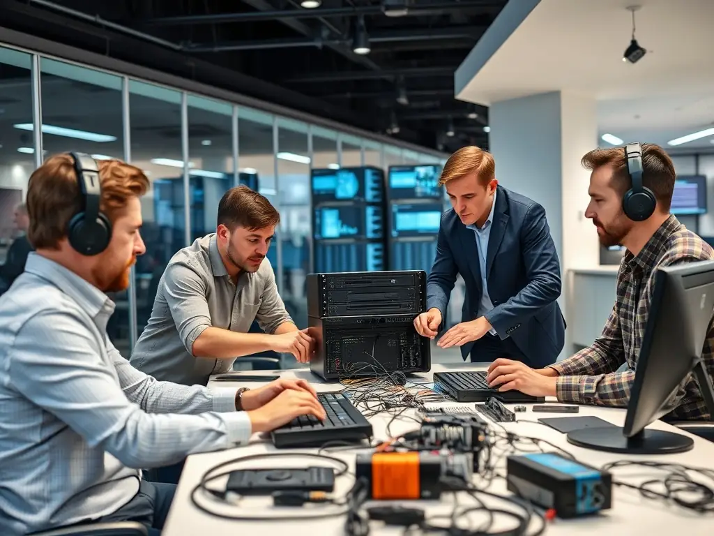 IT professionals integrating AI modules into enterprise software with a focus on user training, representing Nadakki AI Service's AI Implementation & Integration service.