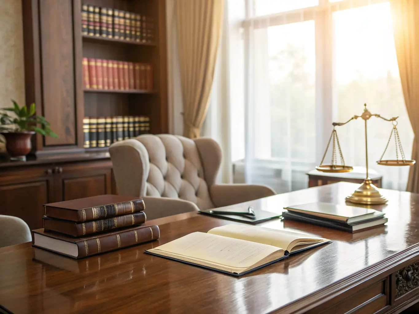 A modern law firm office with AI-powered legal research tools and document analysis software, streamlining processes and improving case outcomes.
