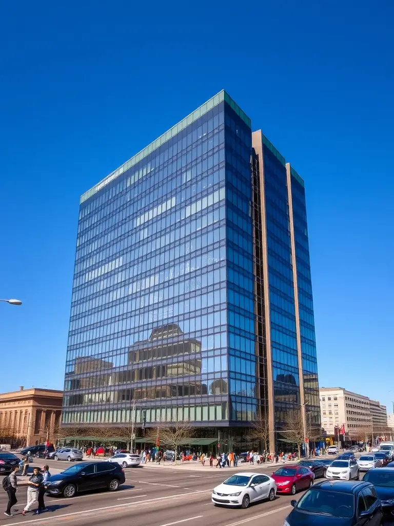 A modern office building with a stock ticker in the background, representing financial institutions leveraging AI for trading and risk management, used in the Industries Served section of Nadakki AI Service website.