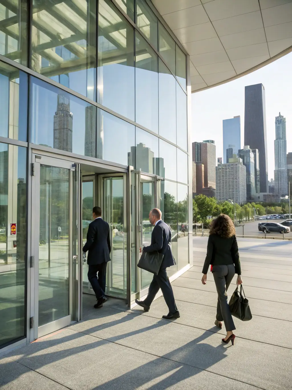 A government building with people walking around, symbolizing government agencies using AI for public safety and urban planning, used in the Industries Served section of Nadakki AI Service website.