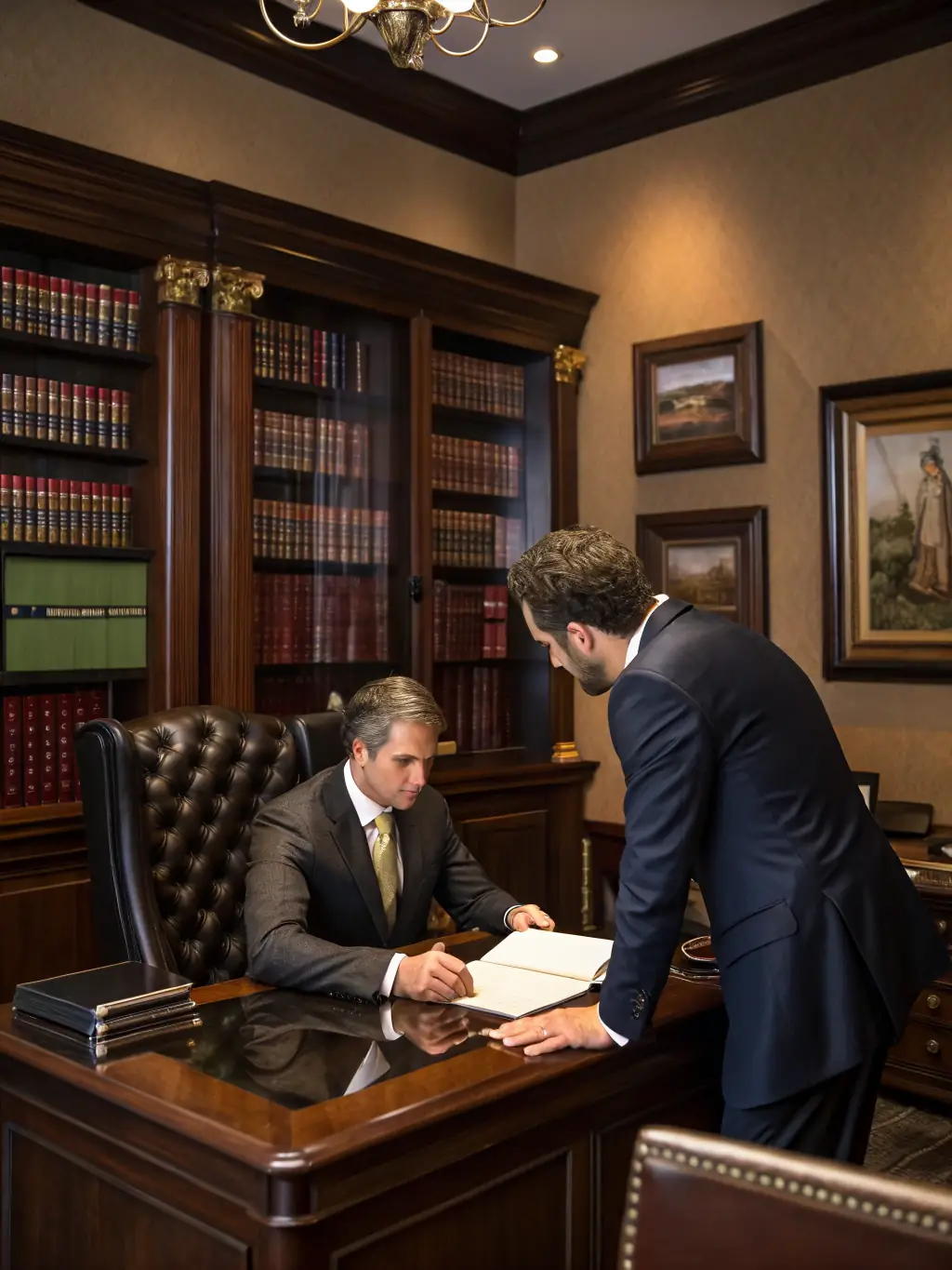 A modern law office with lawyers working on computers, representing law firms using AI for legal research and document review, used in the Industries Served section of Nadakki AI Service website.