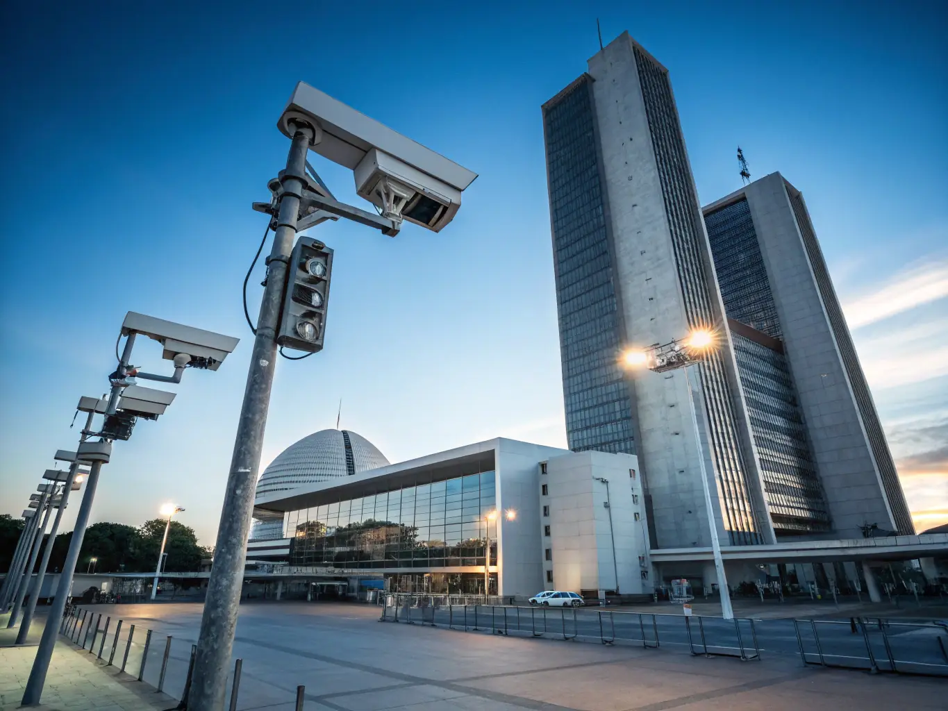 A secure government facility with AI-driven surveillance systems and data analytics dashboards, ensuring public safety and operational efficiency.