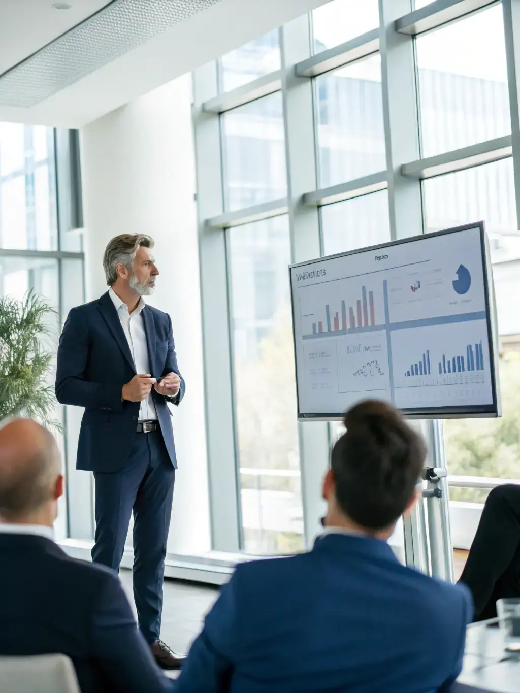 A consultant in a navy suit presents an AI strategy roadmap to a financial institution's executive team in a modern boardroom. The roadmap outlines AI initiatives for risk management and fraud detection.