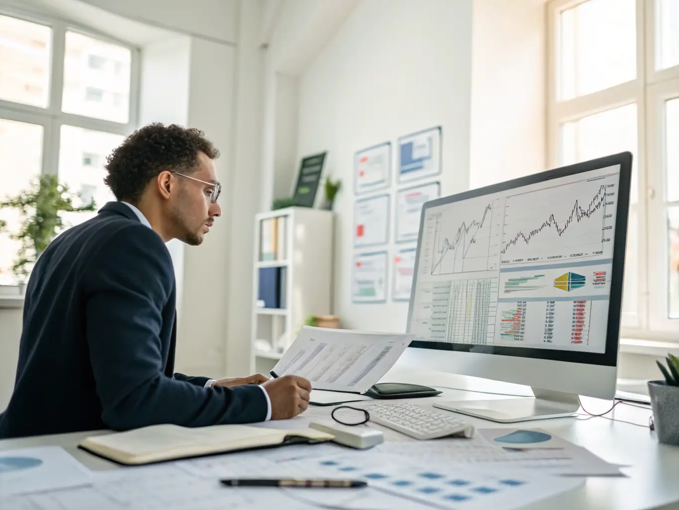 A sophisticated AI model analyzing financial data on a computer screen, with charts and graphs illustrating trends and insights for a financial institution.
