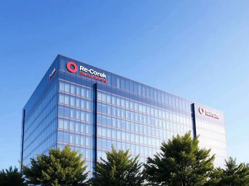 A modern office building representing a Fortune 500 financial institution, with subtle AI-related graphics overlaid to symbolize AI integration in finance.