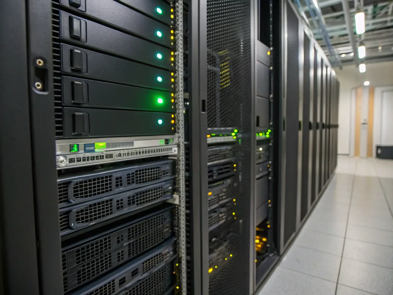 A clean, modern graphic depicting a server rack with AI neural network visualizations overlaid, symbolizing optimized performance and data processing.
